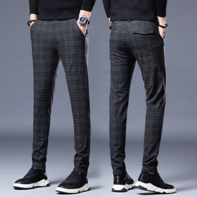 Brand  New Casual Pants Mens Stripe Stretch Pant Straight Slim Fit Business Plaid Formal Wedding Work Blue Trousers Male