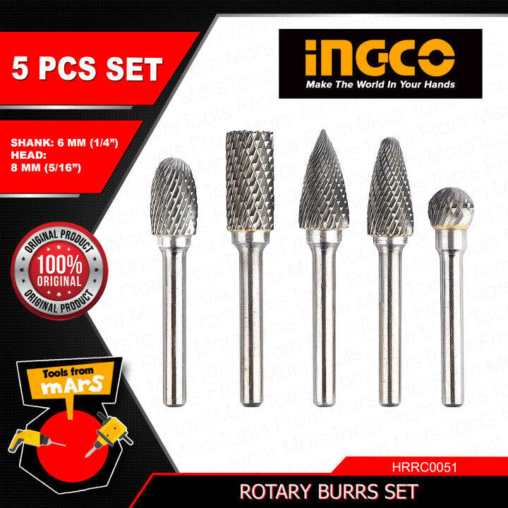 Ingco 5PCS HSS Rotary Cutter Set Tungsten Carbide Burrs Milling 6mm