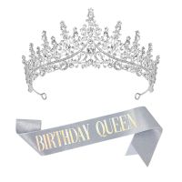 Birthday Crowns for Women Silver Sash and Set Rhinestone Princess Headband for Birth Day Party