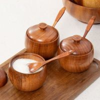 【CW】 Wooden Salt Cellar Sugar Bowl Pepper Box Salt Seasoning Container Storage Box with Lid and Spoon Wooden Spice Box spice jars