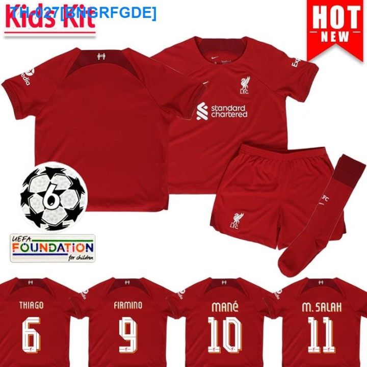 2022-2023-liverpool-home-kids-kit-football-shirt-high-quality-red-top-and-shorts-set-soccer-jersey-with-ucl-with-socks-patch