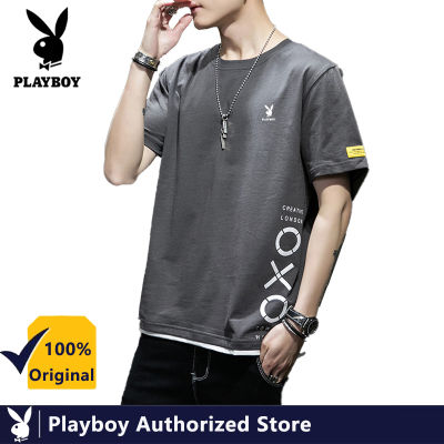 PLAYBOY เสื้อยืดผู้ชายรุ่นเกาหลีแบบลำลองของผู้ชาย,เสื้อยืดสั้นคอกลมผ้าฝ้ายเทรนด์