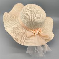 【CC】 womens fresh big brim wavy monochrome satin sun hat round top sunscreen gauze ribbon straw hat