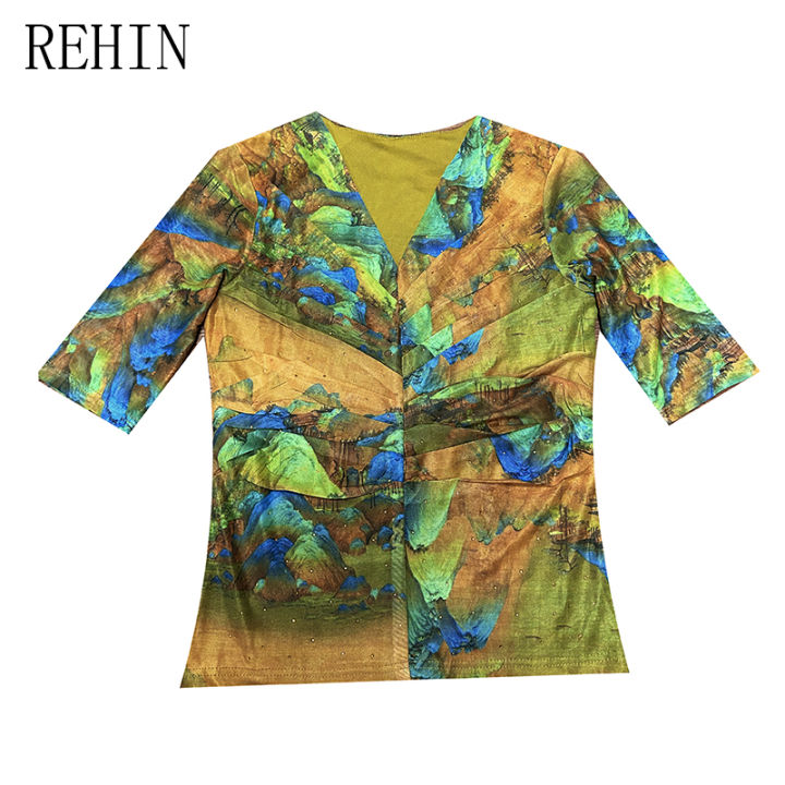 rehin-เสื้อผู้หญิงคอวีพิมพ์ลายดอกไม้แขนสั้นตาข่ายจีบสีน้ำ