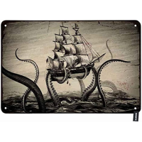ตำนานของป้าย Kraken Tin ที่มี Octopus Kraken กับเรือใบในทะเล,Ocean Vintage Metal Tin Signs