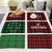 Christmas Red Plaid Pattern Cotton Linen Pad Dining Table Mats Coaster Bowl Cup Mat Pattern Kitchen Placemat Home Decor