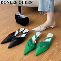 New Fashion Pleated Mule Slippers Women Low Heel Pointed Toe Shoes Leisure Ladies Slides Female Casual Flip Flops Summer Sandals