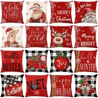 Christmas Decor Red Pillow Cover Square Linen Pillowcase Santa Claus Dog Print Cushion Case Home Sofa Decorative Cushion Cover Cushion Cover