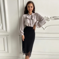 Bow Tie Satin Elegant Women Blouse Lantern Sleeve Bandage Pullover Female Tops New Fashion Office Work 2022 Spring Autumn