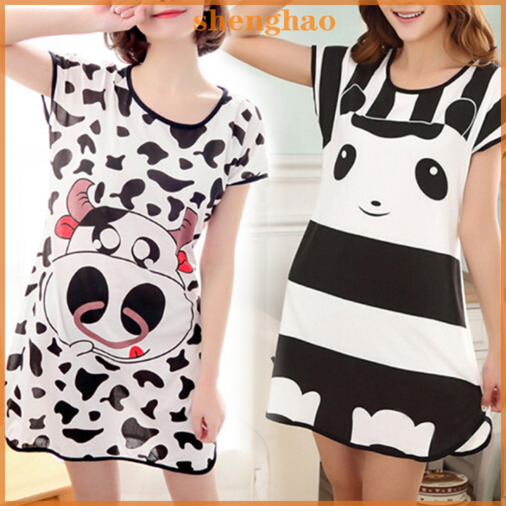 shenghao-lady-short-sleeve-dress-ชุดนอนน่ารักการ์ตูนรูปภาพ-casual-home-dress-ชุดนอน