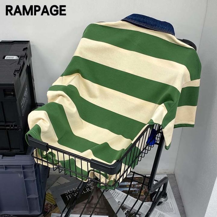 rampage-ญี่ปุ่นย้อนยุคสีที่ถูกบล็อก-kaus-polo-garis-ผู้ชายและผู้หญิงผ้าบางสำหรับฤดูร้อน2022คู่สั้นเสื้อยืด