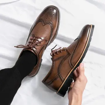 Handmade Mens Tan brown wingtip Leather Dress shoes, Men brogue formal shoes