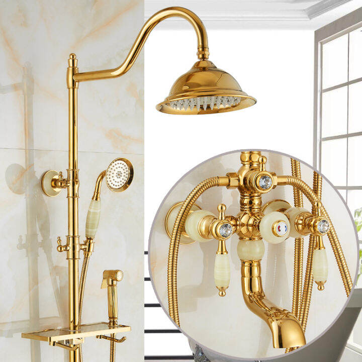 Europeanstyle Shower Set Golden Blue Jade Marble Shower Antique Faucet
