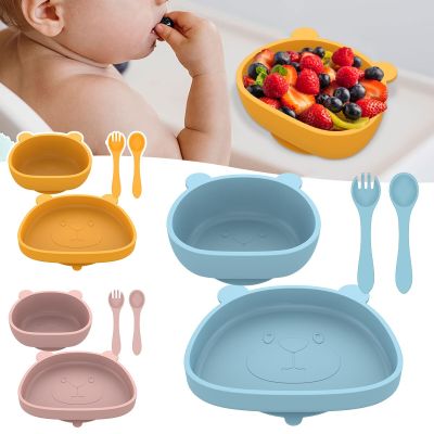 Baby Plate and Bowl Set with Suction Reusable Silicone Baby Tableware Set with Flexible Fork Spoon BPA-Free Baby Led Weaning
