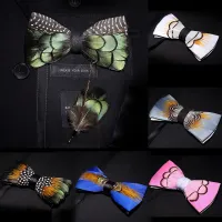 JEMYGINS ต้นฉบับสีทึบ Feather Bow Tie ชุดเข็มกลัด Man งานแต่งงานของขวัญแฟชั่น Handmade หนังผูกโบว์ PIN ของขวัญกล่องชุด