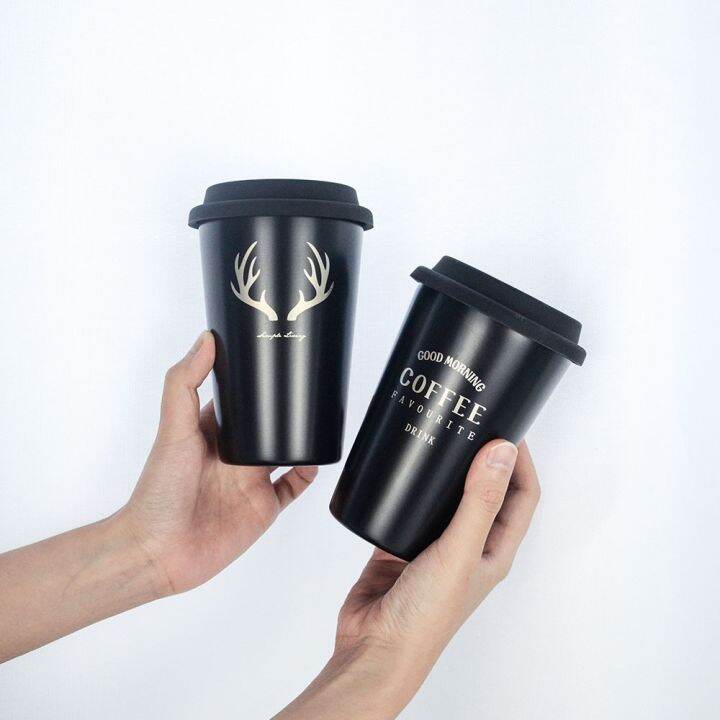 high-end-cups-สแตนเลสแก้วกาแฟที่มีฝาปิดซิลิโคนแขนฟางสร้างสรรค์รูปแบบตัวอักษรท่องเที่ยวตั้งแคมป์สีดำนมชาถ้วยบ้านของขวัญ