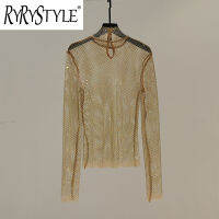 RYRYSTYLE เสื้อสไตล์คนมีชื่อเสียงลายตาข่ายกลวงเข้ารูป,เสื้อคอสูงประดับพลอยเทียม