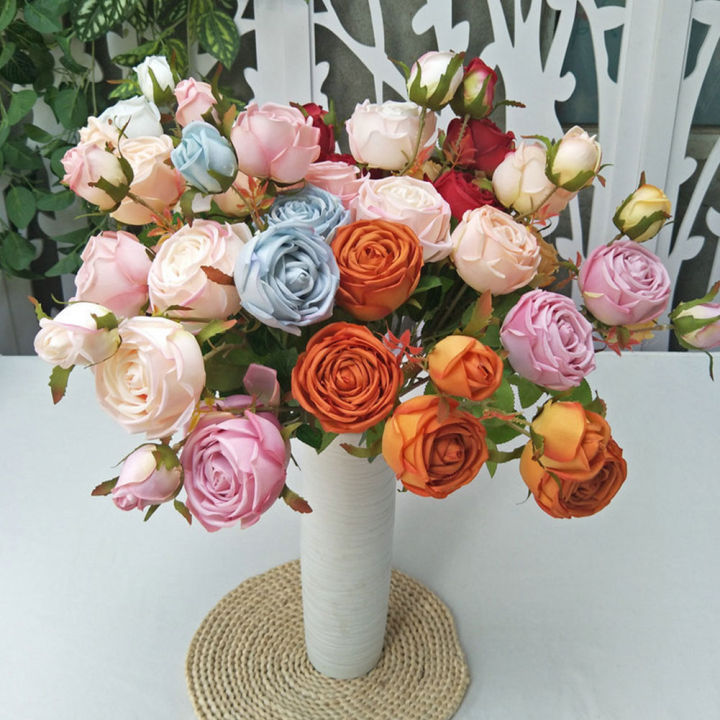 wf-ดอกไม้ผ้าไหมปลอมคุณภาพสูง3หัวดอกกุหลาบปลอมวินเทจดอกไม้ประดิษฐ์1ชิ้นสำหรับของตกแต่งงานแต่งงานบ้านสวน-diy