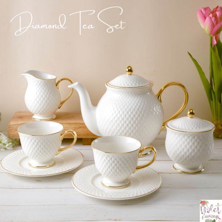 ชุดน้ำชา Diamond Tea Set ชุดน้ำชาลายเพชรสีขาว Ivory (สีขาวงาช้าง) ขอบ
