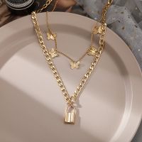 Fashion Vintage Gold Butterfly Multilayer Necklace with Bohemian Pearl Lock Clavicle Chain Necklace for Women Jewelry Accessories