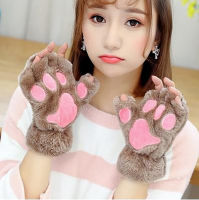 2021 Women Lovely Cartoon Fluffy Bear Cat Claw Paw Mittens Winter Female Half Finger Plush Gloves Ladies Fingerless Warm Gloves