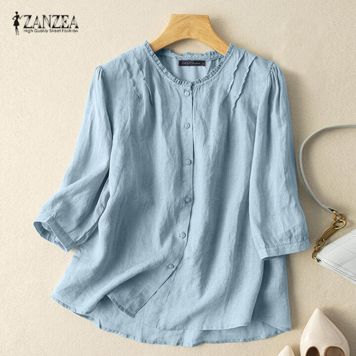 สินค้ามาใหม่-จัดส่งฟรี-fancystyle-zanzea-เสื้อลูกไม้ลำลองของผู้หญิงเสื้อคอกลมวินเทจหลวมติดกระดุมเสื้อลงมา-2