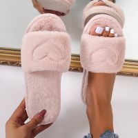 Winter House Slippers Women Fur Slippers Fashion Band Warm Plush Ladies Fluffy Shoes Cozy Open Toe Indoor Fuzzy Slides#f3