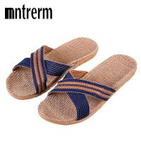 【CC】△✓♗  New Men Flax Flip Flop Canvas Non-Slip Designer Flat Sandals Slippers Man Fashion Slides Shoe