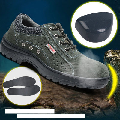 Onesunnys ⚡COD⚡ รองเท้าเซฟตี้หนังวัว, รองเท้าหัวเหล็กระบายอากาศฤดูร้อน, ป้องกันการกระแทกและป้องกันการแทง, รองเท้านิรภัยผู้ชายประกันแรงงาน