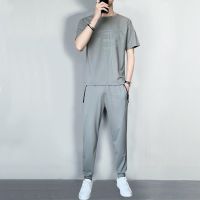 【Ready】? silk casl suit mens summer th sports loose large size brele quick-dryg two-piece suit h zipper pocket te