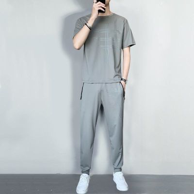 【Ready】🌈 silk casl suit mens summer th sports loose large size brele quick-dryg two-piece suit h zipper pocket te