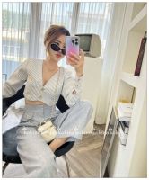 High-end New Fashion version Kokina Thailand purchasing designer brand 22 early autumn striped V-neck long-sleeved jacket high waist pocket trousers