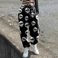 【ร้อน】กางเกงผู้หญิง Skull Jogging Sweatpants กางเกงผู้หญิง Baggy กางเกงกีฬา Sweatpants Jogger เอวสูงเหงื่อ Casual Gothic Trousers