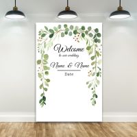 Custom Name Welcome to Our Wedding Photography Backdrop Watercolor Leaves White Background Bridal Wedding Party Banner Decor Colanders Food Strainers