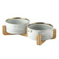 Dog Bowl Ceramic Feeder Marbling Dish Pet Adjustable Wooden Shelf Feeding Drinking Non-Slip High For Cat Product Supplies P005