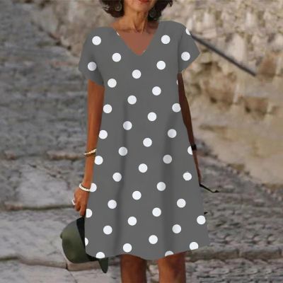 【CC】 2023 summer fashion womens dress polka dot print short-sleeved V-neck casual loose