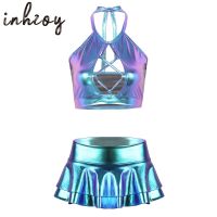 【hot】◙卐✘  Pole Clothing Metallic Outfit Halter Crop Top With  Faux Leather Fantasy Skirt Set