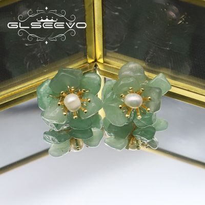 GLSEEVO Natural Emerald Pearl Earrings Mother Birthday Gift 925 Sterling Silver Womans Flower Earrings High Jewelry GE0780