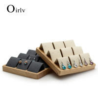 Oirlv ไม้สีเบจ / เทาเข้ม 9 ที่นั่งต่างหูขาตั้งพร้อมไมโครไฟเบอร์สำหรับเครื่องประดับ Expositor Ear stud Holder Organizer SM037