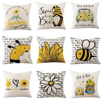 45x45cm Sunflower Pillow Case Cartoon Bee Print Cotton Linen Home Cushion Cover Nordic Sofa Decor