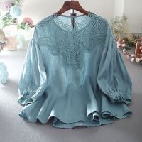 HOT★Hollow Out Summer Blouses Woman 2023 Vintage Clothing Cotton Linen Casual Elegant Blouses Shirt Ladies Top 150kg Plus size