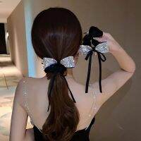 Black Rhinestones โบว์ Scrunchies สำหรับผู้หญิงเงางาม Sparking เชือกรัดผมหางม้าริบบิ้นมัดผมเครื่องประดับผม