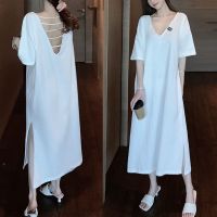 COD DSFDGDFFGHH Cotton sexy backless V-neck T-shirt dress womens long knee loose large casual l棉性感露背V领T恤连衣裙女装长款过膝宽松大码休闲懒人开衩长裙3.18