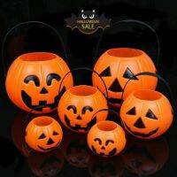 ❤พร้อมสต็อก❤ฮาโลวีน Jack-O-Lantern Tote พร้อมฝาปิดถังฟักทองอุปกรณ์สำหรับเด็กเรืองแสงแบบพกพา Jack-O-Lantern Candy Jar ตกแต่ง