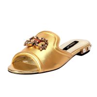 2023 Designer Women Gold Flat Sandals Slides Mule Shoe Luxury Brand Shoes Woman Ladies Summer Flip Flops Slippers Fashion