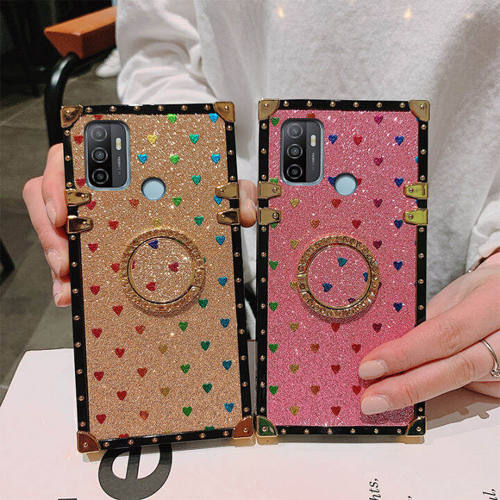 jiefieเคสโทรศัพท์oppo-a53-เคสโทรศัพท์รูปหัวใจสีสันสดใสระยิบระยับฝาครอบหลังโทรศัพท์ซิลิโคนtpuทรงสี่เหลี่ยมพร้อมขาตั้งพับได้