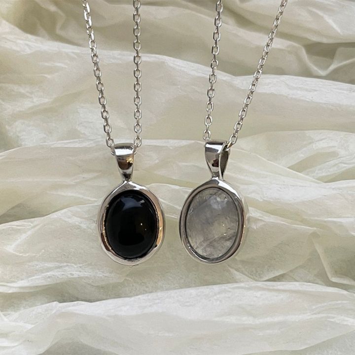 semi-precious-collection-925-sterling-silver-jewelry-oval-natural-stone-pendant-black-agate-clear-quartz-gemstone-necklace-women