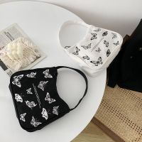 Spring Women Small Handbag Butterfly Print Canvas Tote Ladies Fashion Underarm Bag Zipper Half Moon Bags Cotton Cloth Purse