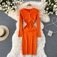 B741 Women New Fashion Slim Knitted Sweater Dress Long Sleeve 2021 Autumn Winter Solid Color Casual Vestidos