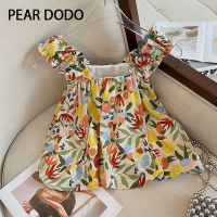 PEAR DODO เสื้อสายเดี่ยวลายดอกไม้สั้นลูกไม้เกาหลีสำหรับผู้หญิง